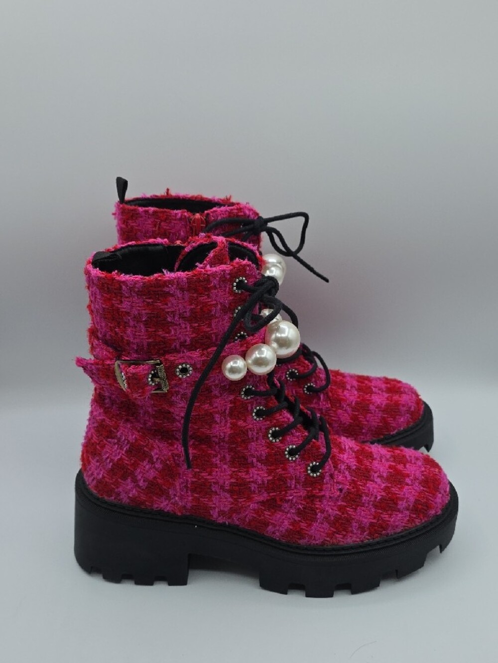 Betsey Johnson Jonnie Hot Pink & Red Tweed Lace-Up Combat Boots w/Pearl Accent - Picture 4 of 15